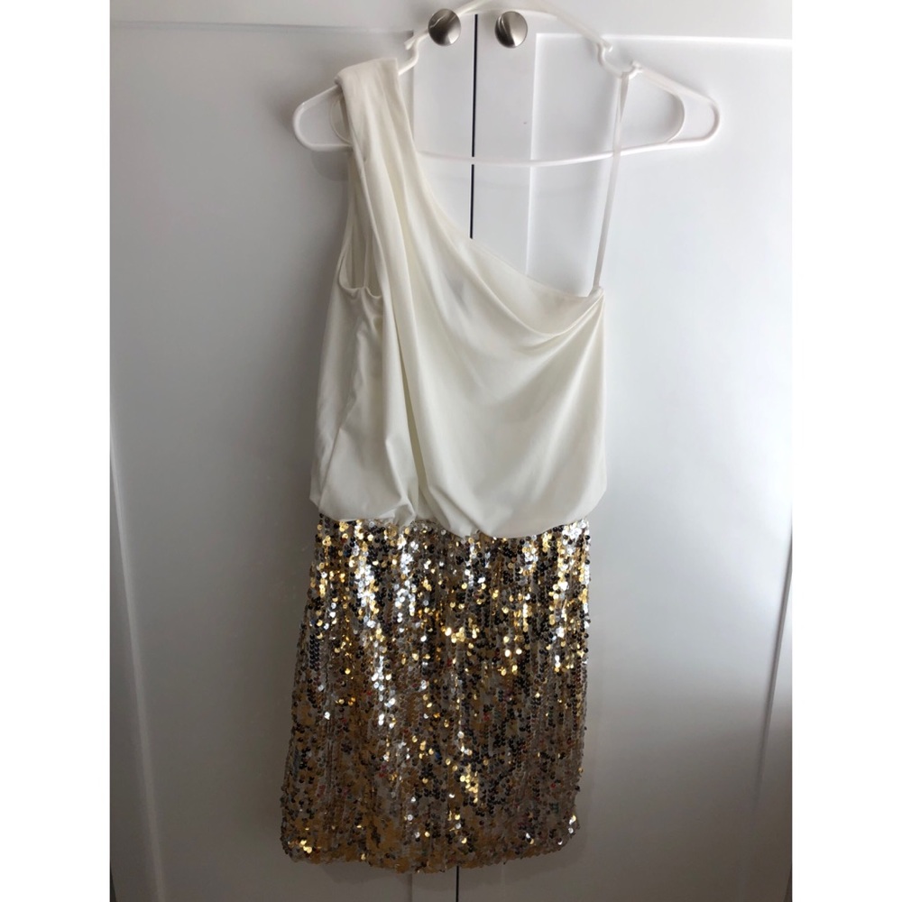 White, gold and silver sequin dress